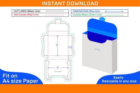 Labelling cardboard box or paper packaging die line template with correct dimension and 3D box design.のイラスト素材