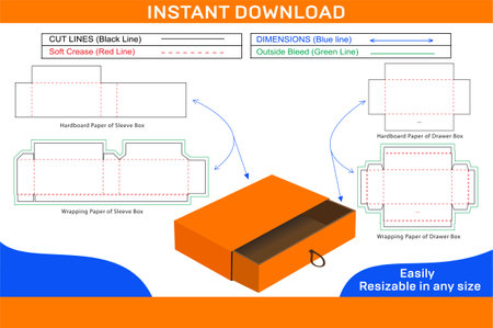 Sleeve drawer box die line template and 3D box design colour changeable and editable vector fileのイラスト素材