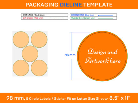 5pcs 98 mm CIRCLE or ROUND label sticker dieline template designのイラスト素材