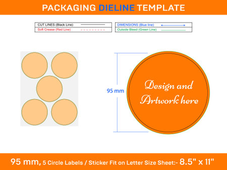 5pcs 95 mm CIRCLE or ROUND label sticker dieline template designのイラスト素材