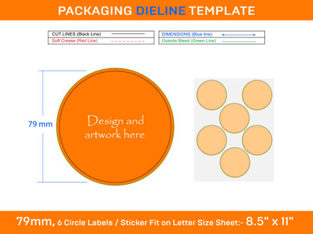6pcs 79 mm CIRCLE labels sticker dieline templateのイラスト素材