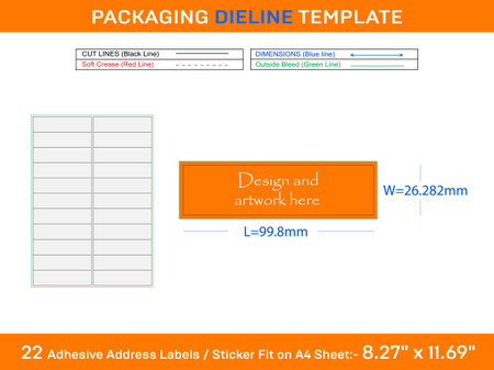 22 Adhesive Address Labels Dieline Template 99.8 x 26.282mm Designのイラスト素材