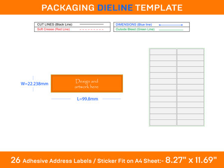 26 Adhesive Address Labels Dieline Template 99.8 x 22.238mm Designのイラスト素材