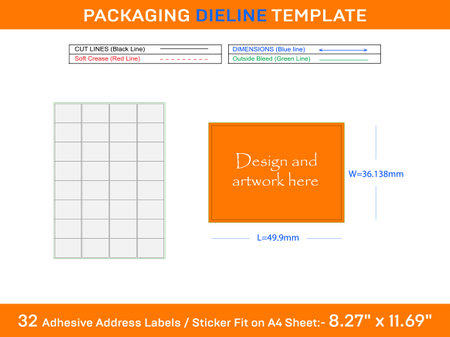 32 Adhesive Address Labels Dieline Template 49.9 x 36.138mm Designのイラスト素材