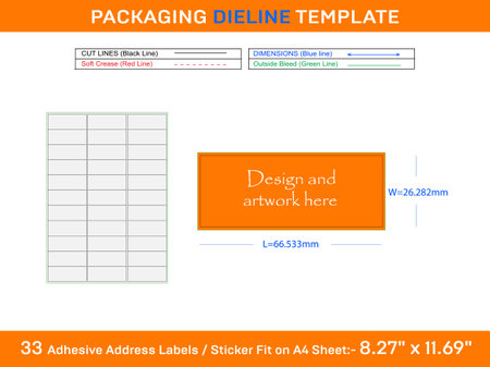 33 Adhesive Address Labels Dieline Template 66.533 x 26.282mm Designのイラスト素材