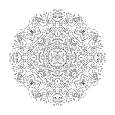Adult cosmic serenity Mandala coloring book page for kdp book interior. Peaceful Petals, Ability to Relax, Brain Experiences, Harmonious Haven, Peaceful Portraits, Blossoming Beauty mandala design.のイラスト素材