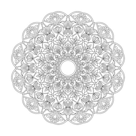 Adult Radiant Solstice mandala coloring book page for kdp book interior.Peaceful Petals, Ability to Relax, Brain Experiences, Harmonious Haven, Peaceful Portraits, Blossoming Beauty mandala design.のイラスト素材