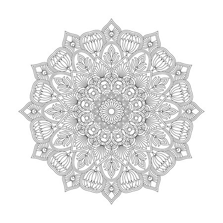 Adult enchanted pathways mandala coloring book page for kdp book interior. Peaceful Petals, Ability to Relax, Brain Experiences, Harmonious Haven, Peaceful Portraits, Blossoming Beauty mandala design.のイラスト素材