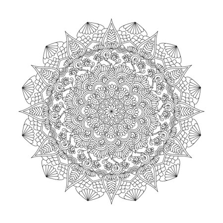 Adult Peaceful Symphony mandala coloring book page for kdp book interior. Peaceful Petals, Ability to Relax, Brain Experiences, Harmonious Haven, Peaceful Portraits, Blossoming Beauty mandala design.のイラスト素材