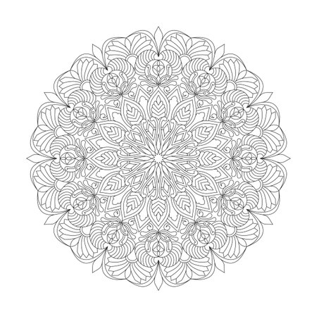 Blossoming Beauty adult mandala coloring book page for kdp book interior. Peaceful Petals, Ability to Relax, Brain Experiences, Harmonious Haven, Peaceful Portraits, Blossoming Beauty mandala design.のイラスト素材