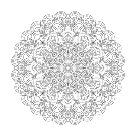 Adult Cosmic Delight mandala coloring book page for kdp book interior. Peaceful Petals, Ability to Relax, Brain Experiences, Harmonious Haven, Peaceful Portraits, Blossoming Beauty mandala design.のイラスト素材