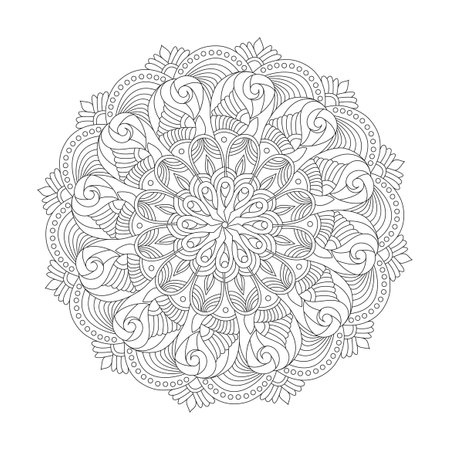 Mystic Creations adult mandala coloring book page for kdp book interior. Peaceful Petals, Ability to Relax, Brain Experiences, Harmonious Haven, Peaceful Portraits, Blossoming Beauty mandala design.のイラスト素材