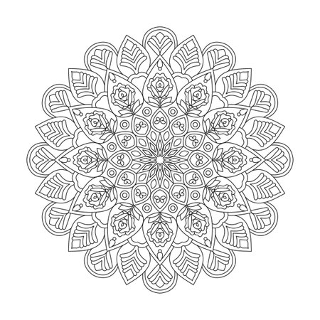 Harmony Flow adult mandala coloring book page for kdp book interior. Peaceful Petals, Ability to Relax, Brain Experiences, Harmonious Haven, Peaceful Portraits, Blossoming Beauty mandala design.のイラスト素材
