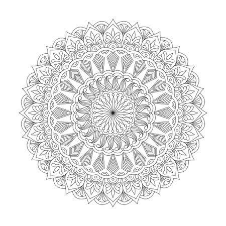 Serene Blossoms adult mandala coloring book page for kdp book interior. Peaceful Petals, Ability to Relax, Brain Experiences, Harmonious Haven, Peaceful Portraits, Blossoming Beauty mandala design.のイラスト素材