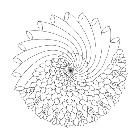 Half tranquil whirls mandala coloring book page for kdp book interior. Peaceful Petals, Ability to Relax, Brain Experiences, Harmonious Haven, Peaceful Portraits, Blossoming Beauty mandala design.のイラスト素材