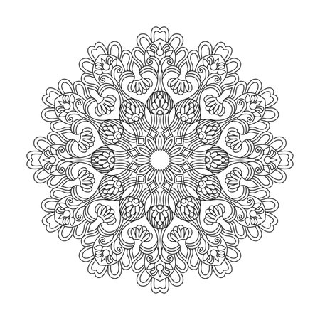 Enchanted Universe adult mandala coloring book page for kdp book interior. Peaceful Petals, Ability to Relax, Brain Experiences, Harmonious Haven, Peaceful Portraits, Blossoming Beauty mandala design.のイラスト素材
