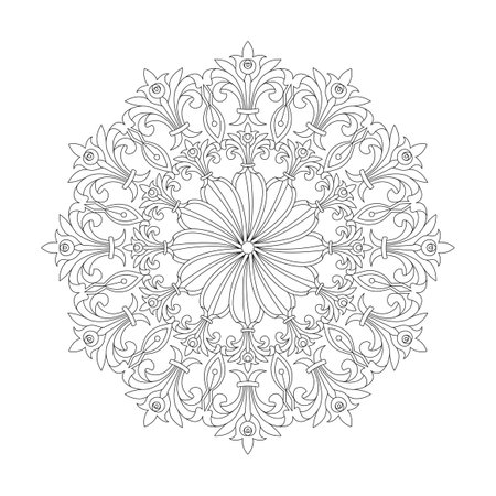 Blossoming delight adult mandala coloring book page for kdp book interior. Peaceful Petals, Ability to Relax, Brain Experiences, Harmonious Haven, Peaceful Portraits, Blossoming Beauty mandala design.のイラスト素材