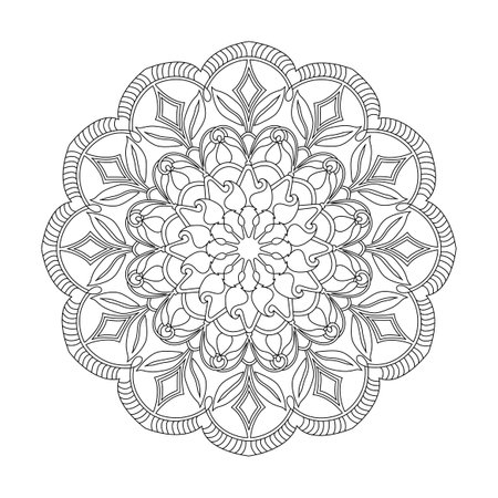 Adult spiritual tranquility mandala coloring book page for kdp book interior. Peaceful Petals, Ability to Relax, Brain Experiences, Harmonious Haven, Peaceful Portraits, Blossoming Beauty mandala design.のイラスト素材