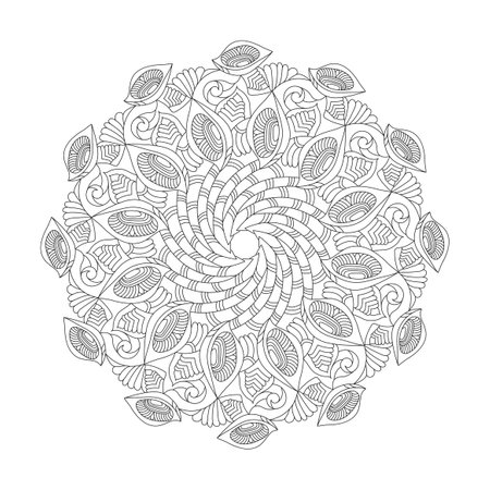 Mandala enigmatic whorls coloring book page for kdp book interior. Peaceful Petals, Ability to Relax, Brain Experiences, Harmonious Haven, Peaceful Portraits, Blossoming Beauty mandala design.のイラスト素材