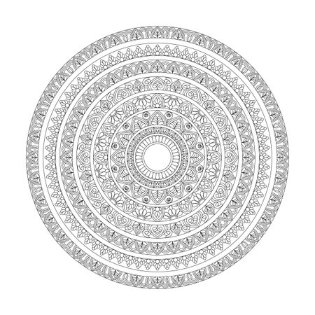 Mandala radiant spirals coloring book page for kdp book interior. Peaceful Petals, Ability to Relax, Brain Experiences, Harmonious Haven, Peaceful Portraits, Blossoming Beauty mandala design.のイラスト素材