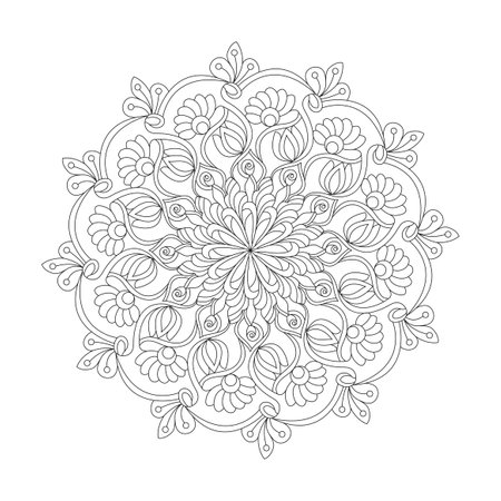 Dreamy whirls adult mandala coloring book page for kdp book interior. Peaceful Petals, Ability to Relax, Brain Experiences, Harmonious Haven, Peaceful Portraits, Blossoming Beauty mandala design.のイラスト素材