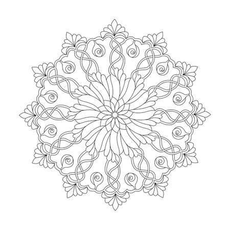 Celtic Adult enchanted radiance mandala coloring book page for kdp book interior. Peaceful Petals, Ability to Relax, Brain Experiences, Harmonious Haven, Peaceful Portraits, Blossoming Beauty mandala design.のイラスト素材