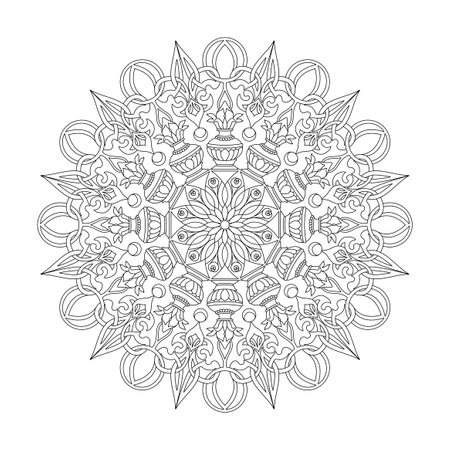 Cosmic delight adult mandala coloring book page for kdp book interior. Peaceful Petals, Ability to Relax, Brain Experiences, Harmonious Haven, Peaceful Portraits, Blossoming Beauty mandala design.のイラスト素材