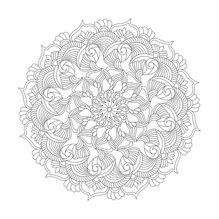 Blossoming patterns mandala coloring book page for kdp book interior. Peaceful Petals, Ability to Relax, Brain Experiences, Harmonious Haven, Peaceful Portraits, Blossoming Beauty mandala design.のイラスト素材