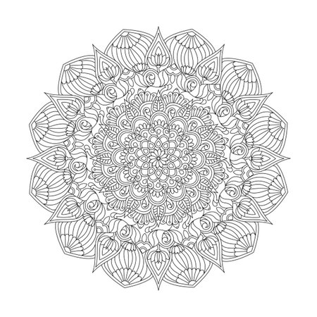 Mandala enchanted grace coloring book page for kdp book interior. Peaceful Petals, Ability to Relax, Brain Experiences, Harmonious Haven, Peaceful Portraits, Blossoming Beauty mandala design.のイラスト素材