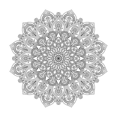 Adult dreamy petals mandala coloring book page for kdp book interior. Peaceful Petals, Ability to Relax, Brain Experiences, Harmonious Haven, Peaceful Portraits, Blossoming Beauty mandala design.のイラスト素材