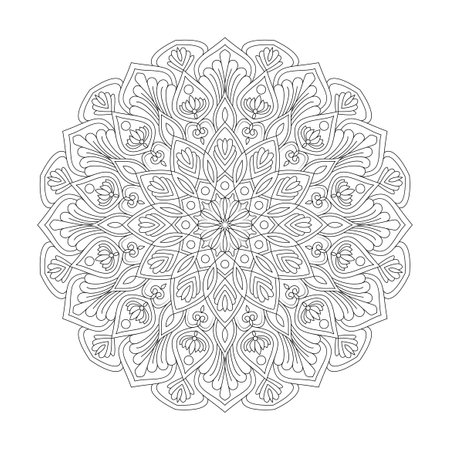 Adult Celestial Serenity mandala coloring book page for kdp book interior. Peaceful Petals, Ability to Relax, Brain Experiences, Harmonious Haven, Peaceful Portraits, Blossoming Beauty mandala design.のイラスト素材