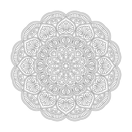 Mystical Moon adult mandala coloring book page for kdp book interior. Peaceful Petals, Ability to Relax, Brain Experiences, Harmonious Haven, Peaceful Portraits, Blossoming Beauty mandala design.のイラスト素材