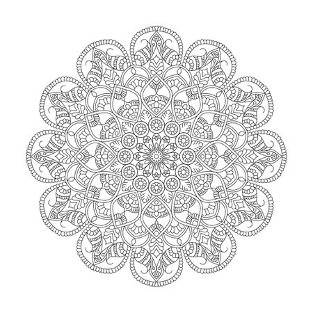 Blissful Balance adult coloring book mandala page for kdp book interior. Peaceful Petals, Ability to Relax, Brain Experiences, Harmonious Haven, Peaceful Portraits, Blossoming Beauty mandala design.のイラスト素材