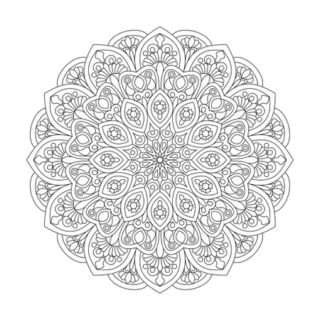 Serene Sunburst adult coloring book mandala page for kdp book interior. Peaceful Petals, Ability to Relax, Brain Experiences, Harmonious Haven, Peaceful Portraits, Blossoming Beauty mandala design.のイラスト素材