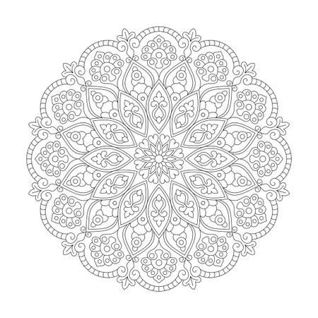 Vibrant Vortex adult coloring book mandala page for kdp book interior, Ability to Relax, Brain Experiences, Harmonious Haven, Peaceful Portraits, Blossoming Beauty mandala design.のイラスト素材