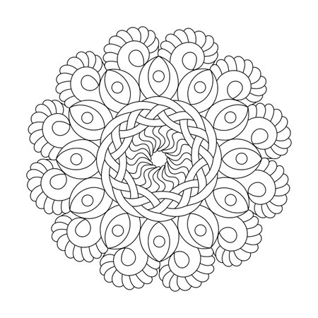 Celtic Mandala Serenity Spiral coloring book page for kdp book interior, Ability to Relax, Brain Experiences, Harmonious Haven, Peaceful Portraits, Blossoming Beauty mandala design.のイラスト素材