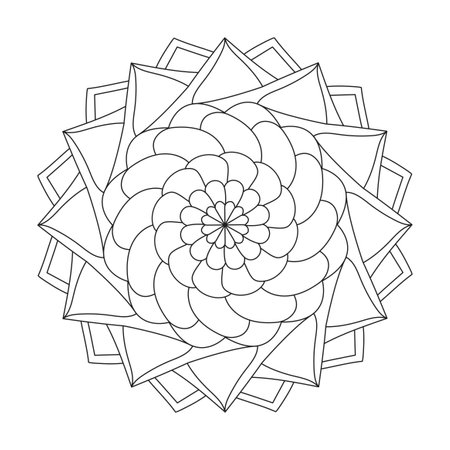 Mandala Dreamy Dimensions coloring book page for kdp book interior. Peaceful Petals, Ability to Relax, Brain Experiences, Harmonious Haven, Peaceful Portraits, Blossoming Beauty mandala design.のイラスト素材