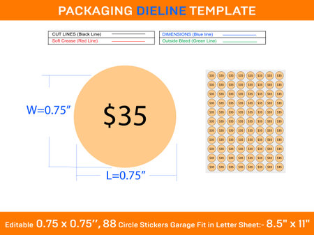 Circle $35 price stickers garage sale labels fit in letter sheet editable 88pcs 0.75 x 0.75 inch resizeable vector fileのイラスト素材