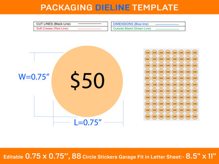 Circle $50 price stickers garage sale labels fit in letter sheet editable 88pcs 0.75 x 0.75 inch resizeable vector fileのイラスト素材