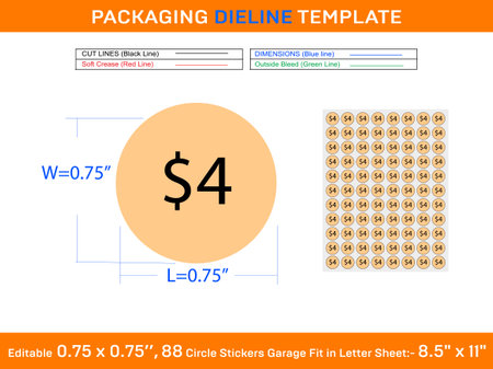 Editable 0.75 x 0.75 inch 88 circle $4 price stickers garage sale labels fit in letter sheetのイラスト素材