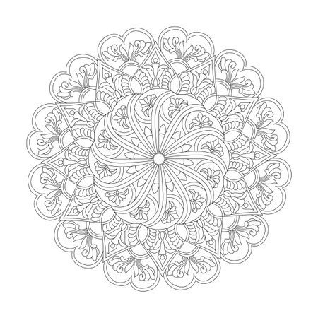 Zen circles adult mandala coloring book page for kdp book interior. Peaceful Petals, Ability to Relax, Brain Experiences, Harmonious Haven, Peaceful Portraits, Blossoming Beauty mandala design.のイラスト素材