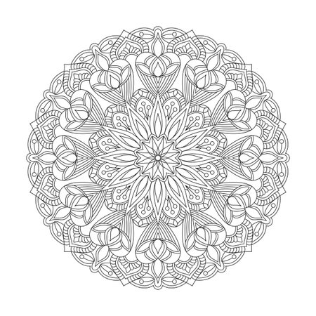 Radiant center adult mandala coloring book page for kdp book interior. Peaceful Petals, Ability to Relax, Brain Experiences, Harmonious Haven, Peaceful Portraits, Blossoming Beauty mandala design.のイラスト素材