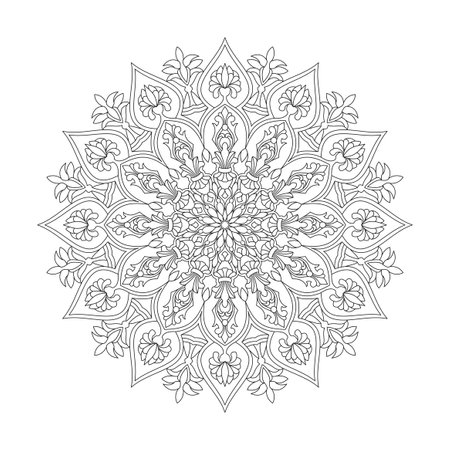 Adult cosmic harmony mandala coloring book page for kdp book interior. Peaceful Petals, Ability to Relax, Brain Experiences, Harmonious Haven, Peaceful Portraits, Blossoming Beauty mandala design.のイラスト素材