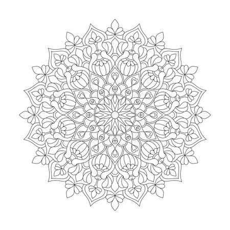 Celestial Whirl adult mandala coloring book page for kdp book interior. Peaceful Petals, Ability to Relax, Brain Experiences, Harmonious Haven, Peaceful Portraits, Blossoming Beauty mandala design.のイラスト素材