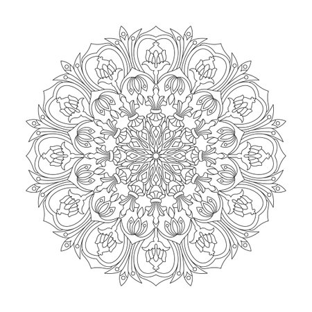 Mandala radiant symmetry coloring book page for kdp book interior. Peaceful Petals, Ability to Relax, Brain Experiences, Harmonious Haven, Peaceful Portraits, Blossoming Beauty mandala design.のイラスト素材