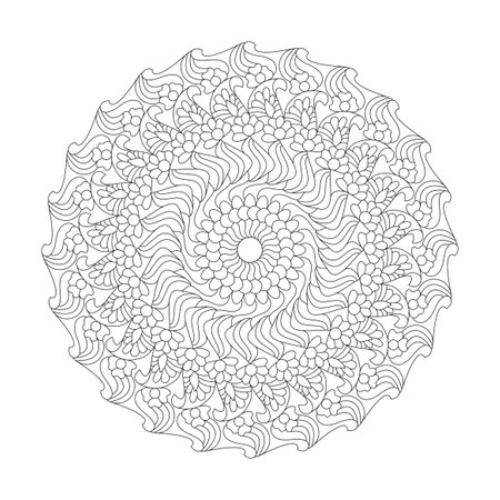 Adult Eternal Balance mandala coloring book page for kdp book interior. Peaceful Petals, Ability to Relax, Brain Experiences, Harmonious Haven, Peaceful Portraits, Blossoming Beauty mandala design.のイラスト素材