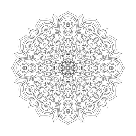 Adult Sacred Symmetry mandala coloring book page for kdp book interior. Peaceful Petals, Ability to Relax, Brain Experiences, Harmonious Haven, Peaceful Portraits, Blossoming Beauty mandala design.のイラスト素材
