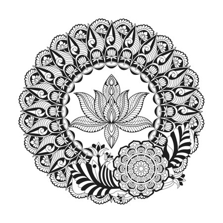 Adult Isolated lotus mandala coloring book page for kdp book interior. Peaceful Petals, Ability to Relax, Brain Experiences, Harmonious Haven, Peaceful Portraits, Blossoming Beauty mandala design.のイラスト素材