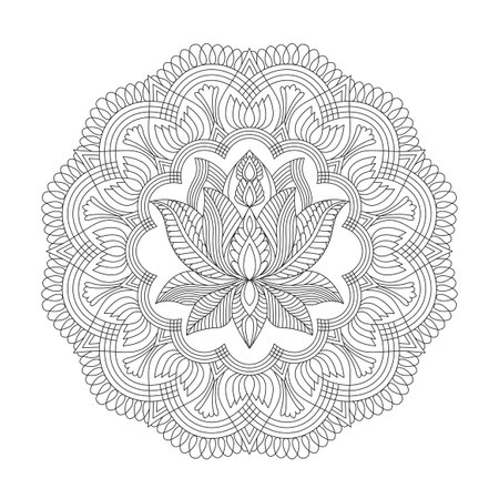 Ornamental lotus mandala coloring book page for kdp book interior. Peaceful Petals, Ability to Relax, Brain Experiences, Harmonious Haven, Peaceful Portraits, Blossoming Beauty mandala design.のイラスト素材