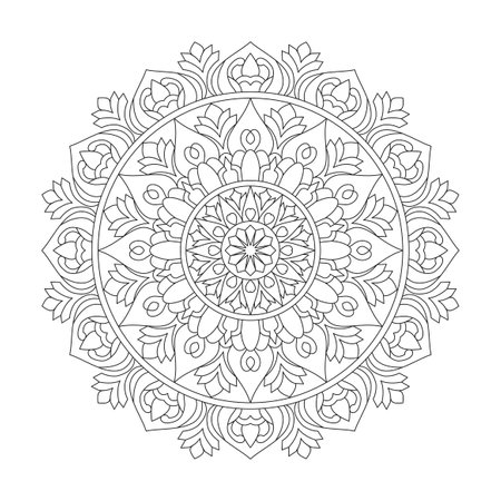 Mindfulness adult mandala coloring book page for kdp book interior. Peaceful Petals, Ability to Relax, Brain Experiences, Harmonious Haven, Peaceful Portraits, Blossoming Beauty mandala design.のイラスト素材